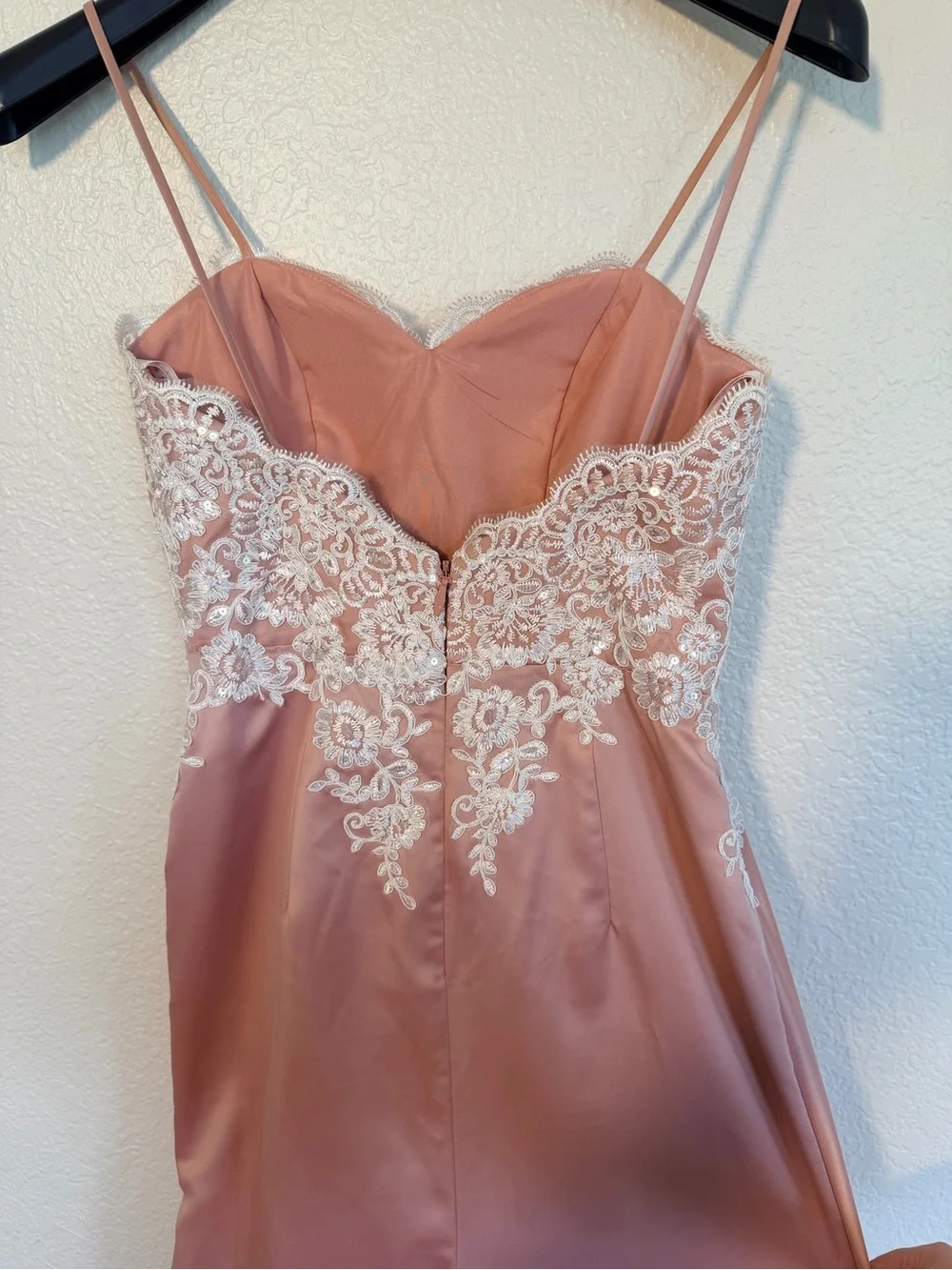 JJs House Blush Pink Lace Bodice Spaghetti Strap Evening Gown